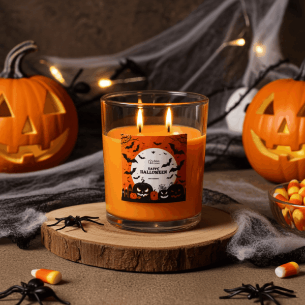 Świeca sojowa zapachowa HAPPY HALLOWEEN karmel w dużym szklanym pojemniku 400 ml