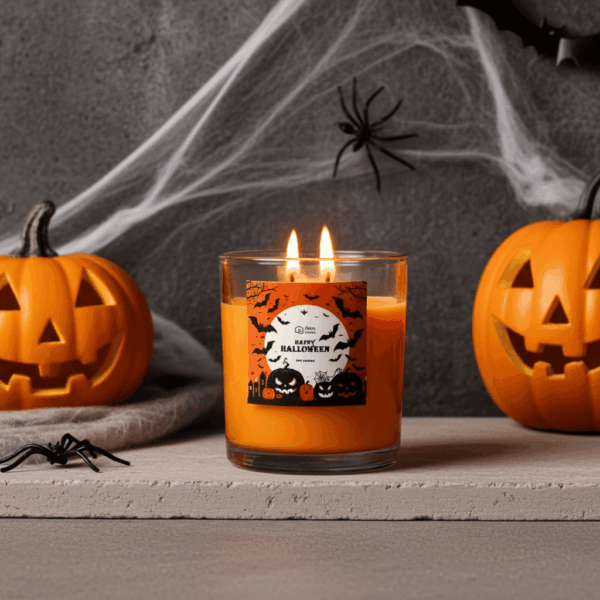 swieca halloween (2) Świeca sojowa zapachowa HAPPY HALLOWEEN karmel w dużym szklanym pojemniku 400 ml